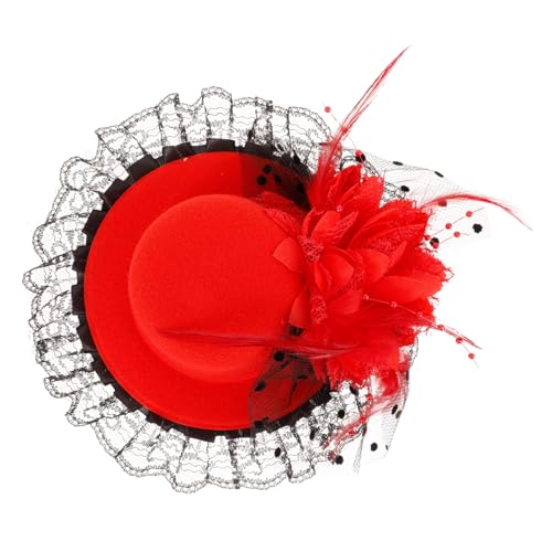 Mikinona Mini Fascinator Hut Haarclip mit Roter Zierfeder Kleiner Top Hat Haarschmuck für Damen und Mädchen Geeignet für Bühne Tanz Geburtstag und Teeparty von Mikinona