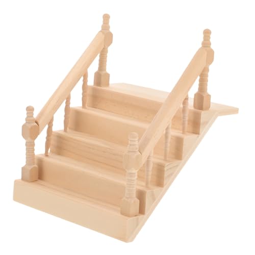 Mikinona Mini-Handlauftreppe Mini Treppe Miniaturmöbel Geländer Miniatur-Handlauftreppe Mini-Haustreppe Ornament Minitreppe für Puppenhaus Mini-Möbelzubehör Playhouse Accessoire Holz Beige von Mikinona