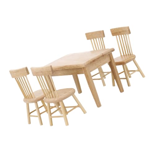 Mikinona Miniatur Esstisch und Stühle Set aus Beige Lackiertem Eichenholz Leichtes Puppenhaus Möbel Dekoration Vielseitig als Fotorequisite Schreibtisch und Wohnaccessoire für von Mikinona