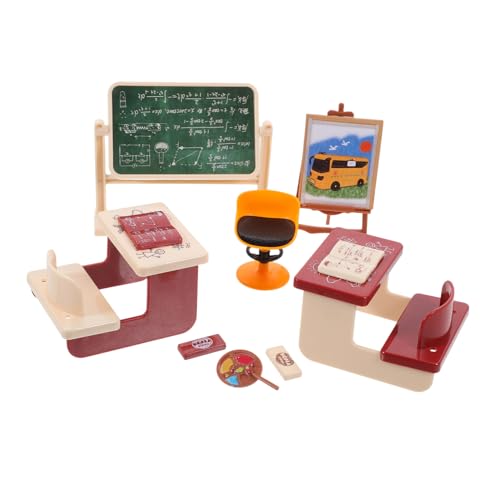 Mikinona Miniatur Klassenzimmer Set Kompaktes Puppenhaus Zubehör mit Mini Schreibtisch und Tafel Leichtes DIY Modell für Wohnkultur und Bastelprojekte Glatte Oberfläche Vielseitig von Mikinona