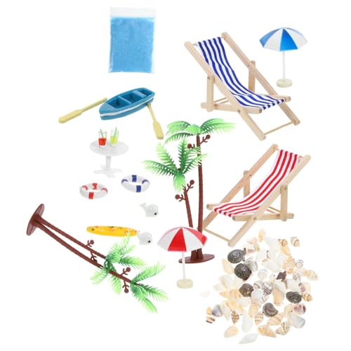 Mikinona Teiliges Miniatur Strand Mikrolandschaft aus Hochwertigem Resin mit Sonnenschirm Liegestuhl Kokospalmen und Muscheln DIY Puppenhaus Sommer Deko für Garten von Mikinona