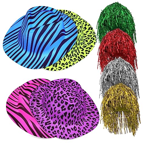 Mikinona Teiliges Partyhut mit Tiermuster und Neonfarben Rave Hüte und Bunte Tinsel Perücken Einheitsgröße für Damen und Herren Vielseitig für Kostüm und Karnevalspartys Zufällige Farbe von Mikinona