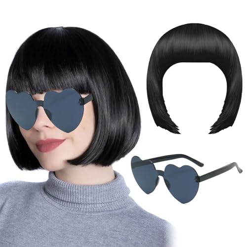 Mikiuly Bob Perücke, Kurze Bob Wig Damen, Perücke Damen, Schwarz Haar Perücken Gerade mit Flach Pony 80er 70er Jahre Perücke Brille Karneval Fasching Cosplay Perücke, Schwarz Mikiuly Bob Perücke, Kurze Bob Wig Damen, Perücke Damen, Schwarz Haar Perücken Gerade mit Flach Pony 80er 70er Jahre Perücke Brille Karneval Fasching Cosplay Perücke, Schwarz von Mikiuly
