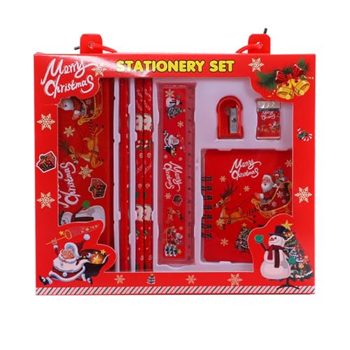 Weihnachten Schreibwaren Set, Schreibwaren Geschenkset, 8 Stück Mit 1 Lineal, 1 Radiergummi, 3 Bleistift, 1 Anspitzer, 1 Federmäppchen, 1 Notizblöcke,Kinder Mitgebsel,Geschenk für Mädchen und Junge von Mikiuly