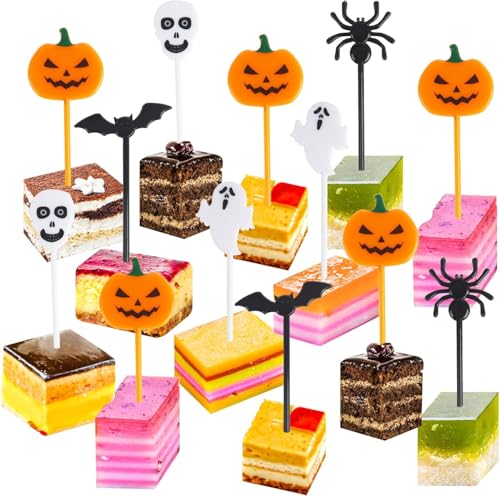 100 Stück Cupcake Topper Halloween Kuchendeko Fruit Picks Kuchen Dekoration Tortenstecker für Halloween Party Kuchen Essen Käseplatte Vorspeisen Deko (5 Motive) von Mikocofo
