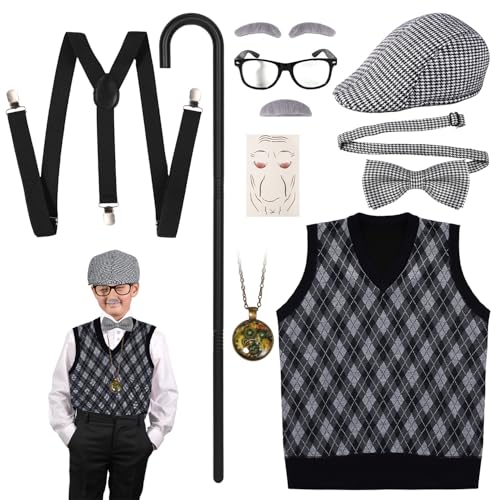 Alte Männer Kostüm für Kleine Jungen, 10stk Opa-Kostüm für Kinder Kostüm zum 100 Schultag für Jungen mit Hut Fliege Weste Hosenträgern Brille Augenbrauen Bart Spazierstock Taschenuhr(10-12 Jahre) Alte Männer Kostüm für Kleine Jungen, 10stk Opa-Kostüm für Kinder Kostüm zum 100 Schultag für Jungen mit Hut Fliege Weste Hosenträgern Brille Augenbrauen Bart Spazierstock Taschenuhr(10-12 Jahre) von Mikovivi