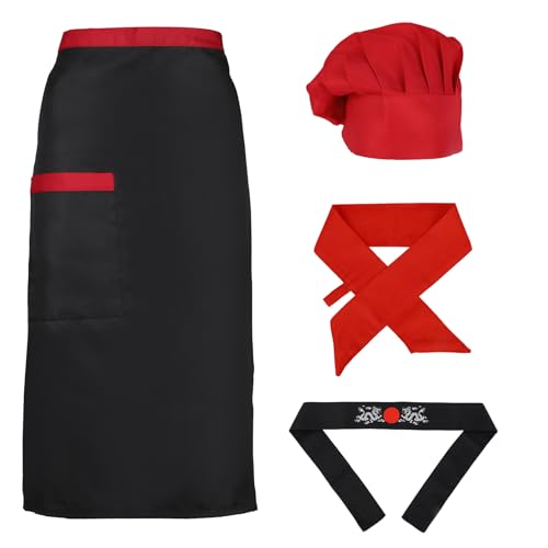 Hibachi-Kochkostüm-Set, Kochmütze und Schürze Outfit-Set mit Stirnband und Krawatte Praktisches Hibachi-Kostüm-Zubehör für Damen Herren (Rot) von Mikovivi