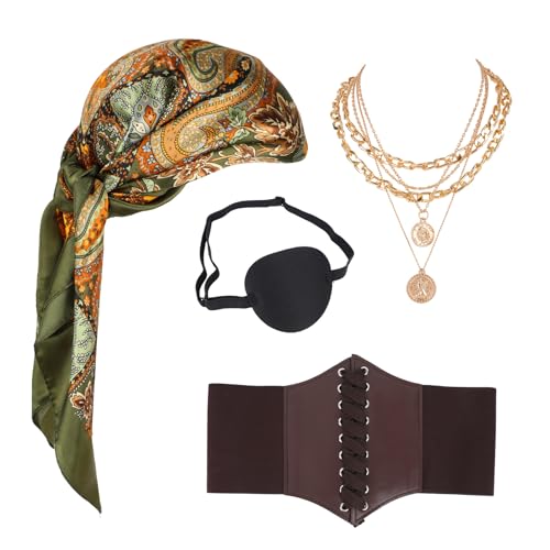 Mikovivi 4 Teiliges Piratenkostüm Zubehörset für Damen, Piraten Bandana Mittelalterliches Korsett Augenmaske Halskette Party Cosplay Outfit Set für Halloween Cosplay Renaissance Jahrmarkt (Grün) von Mikovivi