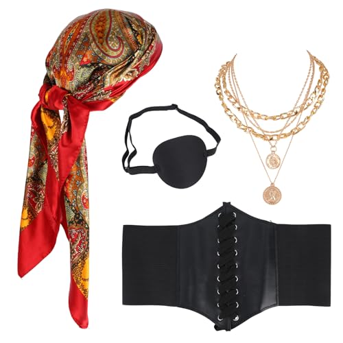 Mikovivi 4 Teiliges Piratenkostüm Zubehörset für Damen, Piraten Bandana Mittelalterliches Korsett Augenmaske Halskette Party Cosplay Outfit Set für Halloween Cosplay Renaissance Jahrmarkt (Rot) von Mikovivi