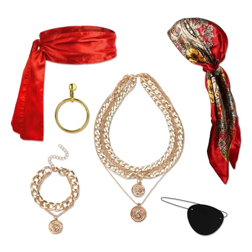 Mikovivi 6 Stück Piratenkostüm Zubehör Set für Herren & Damen, Inklusive Piratenkopftuch, Gürtel, Halskette, Armband, Augenklappe, Ohrring für Halloween Kostümparty Mikovivi 6 Stück Piratenkostüm Zubehör Set für Herren & Damen, Inklusive Piratenkopftuch, Gürtel, Halskette, Armband, Augenklappe, Ohrring für Halloween Kostümparty von Mikovivi