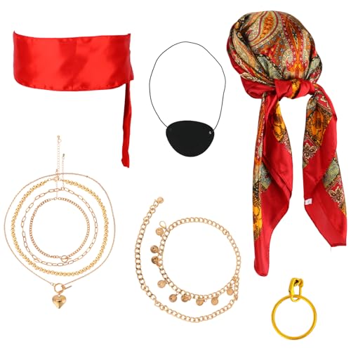 Mikovivi 6stk Piratenkostüm-Zubehör für Damen, Cosplay Set mit Piraten Kopfschmuck Gürtel Halskette Ohrring und Augenmaske von Mikovivi