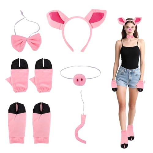 Mikovivi 8stk Set de Halloween Schweinkostüm für Erwachsene, Süß Schweinkostüm Zubehör Enthält Haarkranz Schnauze Vorder und Hinterhufe & Schwanz für Cosplay Partys von Mikovivi