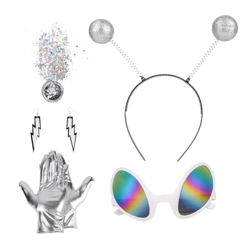 Mikovivi Alien-Halloween-Kostüm, Inklusive Antennen-Stirnband, Handschuhen, Sonnenbrille, Blitzohrringen & Glitzer Mikovivi Alien-Halloween-Kostüm, Inklusive Antennen-Stirnband, Handschuhen, Sonnenbrille, Blitzohrringen & Glitzer von Mikovivi