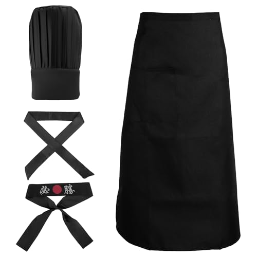 Mikovivi Hibachi Koch Kostümset, Teppanyaki Koch Mütze Schürze mit Verstellbarem Japanischem Stirnband und Krawatte Zubehör für Damen Herren (Schwarz) von Mikovivi