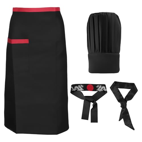 Hibachi-Kochkostüm-Set, Kochmütze und Schürze Outfit-Set mit Stirnband und Krawatte Praktisches Hibachi-Kostüm-Zubehör für Damen Herren (Schwarz) von Mikovivi