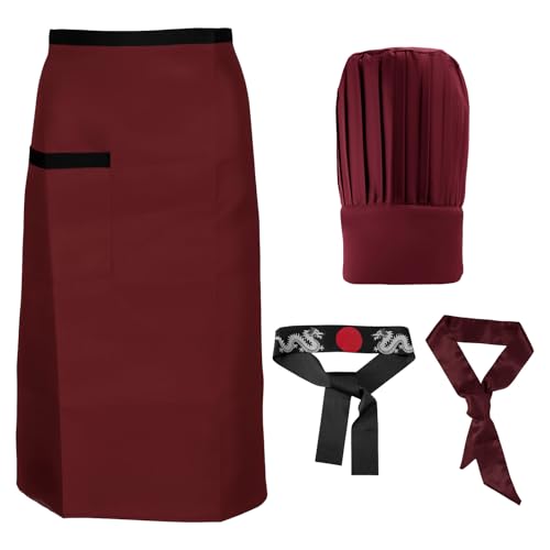 Mikovivi Hibachi Kochkostüm Set, Stilvolles Hibachi Kochmützen Schürzen Stirnband und Krawatten-Set Lustige Halloween-Party-Dekorationen Geeignet für Frauen Männer (Rot) von Mikovivi