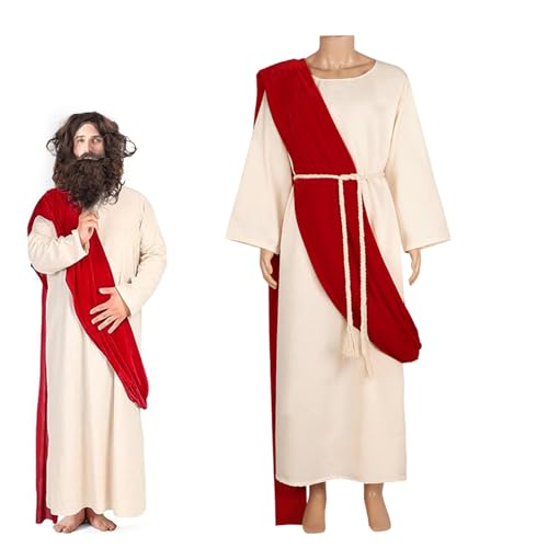 Mikovivi Jesus Kostüm, Jesus Robe mit Perücke, Bart, Schal, Taillenkordel - Cosplay-Outfit für Halloween-Party, Kostümparty (Größe XXL) von Mikovivi