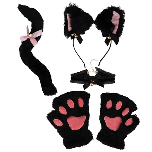 Mikovivi Katzenkostüm Set, Halloween Tierkostüm Set Katzenohren Stirnband Schwanz Schleife Glöckchen Kragen Pfotenhandschuhe Pelziges Cosplay Zubehör für Frauen & Mädchen (Schwarz) von Mikovivi