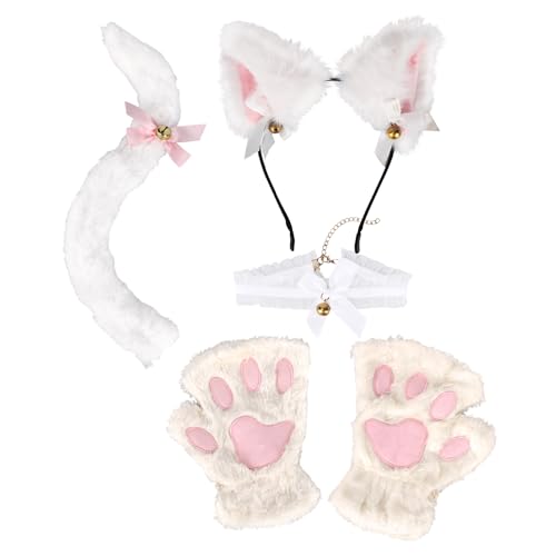 Mikovivi Katzenkostüm Set, Halloween Tierkostüm Set Katzenohren Stirnband Schwanz Schleife Glöckchen Kragen Pfotenhandschuhe Pelziges Cosplay Zubehör für Frauen & Mädchen (Weiß) von Mikovivi