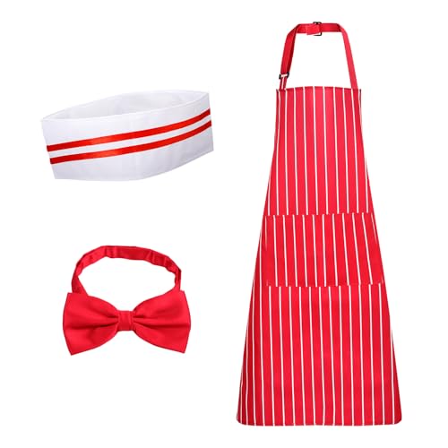 Mikovivi Kochkostüm, Rot-Weiß Gestreifte Schürze mit 2 Taschen Kochmütze und Fliege Karnevalskostüm Kellnerkostüm Set im 50er-Jahre-Stil für Cosplay Partyzubehör für Erwachsene Mikovivi Kochkostüm, Rot-Weiß Gestreifte Schürze mit 2 Taschen Kochmütze und Fliege Karnevalskostüm Kellnerkostüm Set im 50er-Jahre-Stil für Cosplay Partyzubehör für Erwachsene von Mikovivi