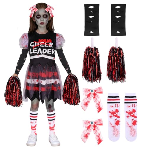 Mikovivi Totes Cheerleader-Kostüm für Mädchen, Halloween-Cheerleader-Kostüm Blutige Verkleidungspartys für Kinder (Mittel, 7-9) von Mikovivi