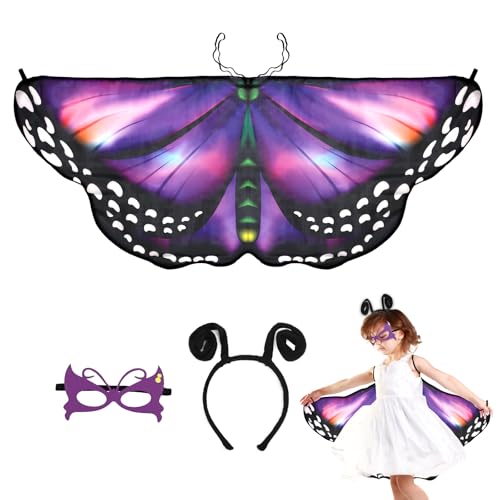 Schmetterlingsumhang, Schmetterlingsfeenkostüm mit Maske Kopfschmuck Schmetterlingsflügelumhang Schmetterlingsflügelschal Feen-Schmetterlingsflügel für Kinder Halloween (Lila Farbverlauf) von Mikovivi