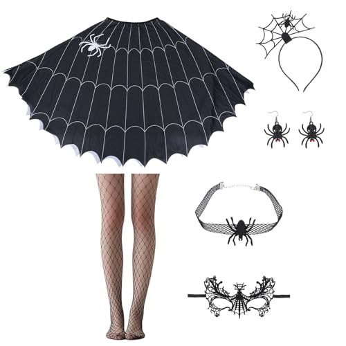 Spinnenkostüm Damen, Halloween-Kostümzubehör mit Umhang Ohrringen Maske Stirnband Halsring (Netzstrümpfe) von Mikovivi