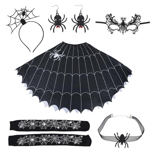 Spinnenkostüm Damen, Halloween-Kostümzubehör mit Umhang Ohrringen Maske Stirnband Halsring (Spinnennetzsocken) von Mikovivi