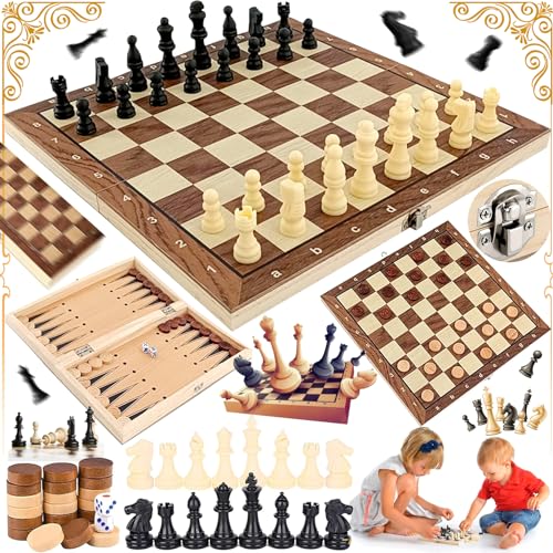 Mikqky 3 In 1 Schachbrett Holz, Hochwertig Schach Dame Backgammon, Schachspiel Klappbar, Schachbrett Schachspiel Schach Aus Holz, Schachspiel Kinder, Für Kinder und Erwachsene(11,4 x 11,4 x 0,6 Zoll) von Mikqky