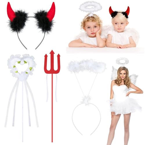 Mikqky 4 Stück Engel und Teufel Set - Hörner Stirnband, Zauberstab, Kostümzubehör, Roter Dreizack für Halloween Party von Mikqky