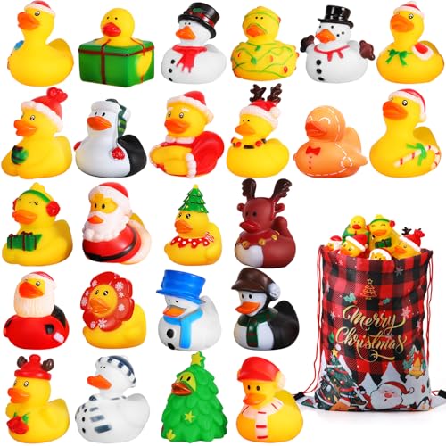 Mikulala 24 Stücke Weihnachten Gummienten Badespielzeug, niedliche sortierte Gummienten für Baby Dusche Auszeichnungen,Jeep Ente für Kinder Mädchen Jungen von Mikulala