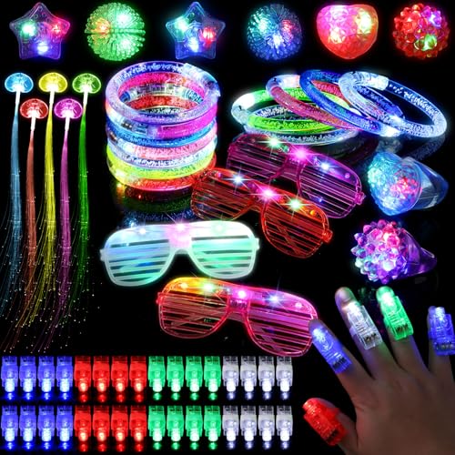 Mikulala 64-teiliges LED-Leuchtspielzeug Party-Set - Glow-in-the-Dark Partyaccessoires mit Fingerlichtern(40), LED-Leuchtringen(8), Blinkbrillen(4), Armleuchtern (8) & faseroptischen Haarlichtern(4) von Mikulala