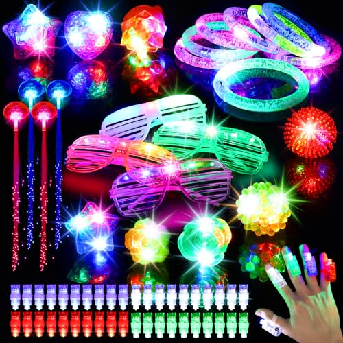 Mikulala 64PCS Licht Spielzeug Geburtstag Party Zubehör für Kinder Graduierung Geschenke mit 40 Finger Lichter, 8 Jelly Ringe, 4 blinkende Brillen, 8 Armbänder, 4 Fiber Optic Haar Lichter von Mikulala