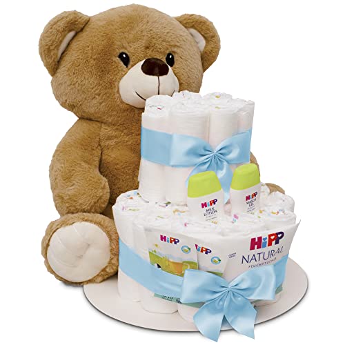 MilaBoo® Blau Windeltorte Junge mit kuscheligen großen Teddybär I hochwertiges Neugeborenen Geschenk mit Windeln und Produkten I persönliches Babygeschenk zur Geburt von Milaboo