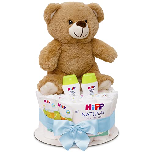 MilaBoo® Blau Windeltorte Junge mit kuscheligen kleinen Teddybär I hochwertiges Neugeborenen Geschenk mit Windeln und Produkten von Hipp I persönliches Babygeschenk zur Geburt von Milaboo