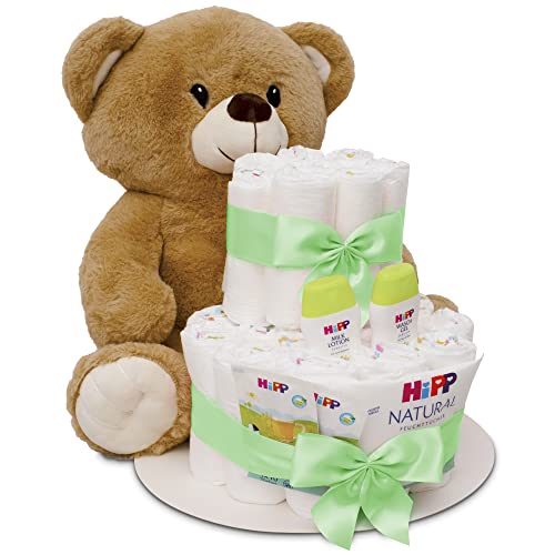 MilaBoo® Grün Windeltorte Neutral mit kuscheligen großen Teddybär I hochwertiges Neugeborenen Geschenk mit Windeln und Produkten von Hipp I persönliches Babygeschenk zur Geburt von Milaboo