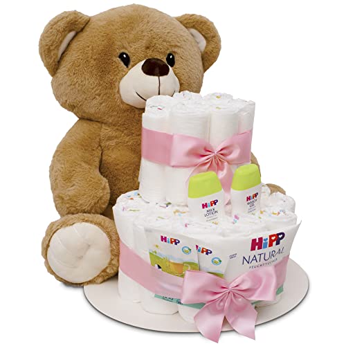 MilaBoo® Rosa Windeltorte Mädchen mit kuscheligen großen Teddybär I hochwertiges Neugeborenen Geschenk mit Windeln und Produkten von Hipp I persönliches Babygeschenk zur Geburt von Milaboo