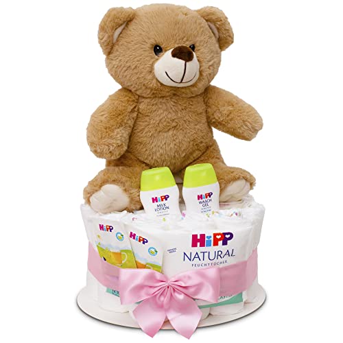 MilaBoo® Rosa Windeltorte Mädchen mit kuscheligen kleinen Teddybär I hochwertiges Neugeborenen Geschenk mit Windeln und Produkten I persönliches Babygeschenk zur Geburt von Milaboo