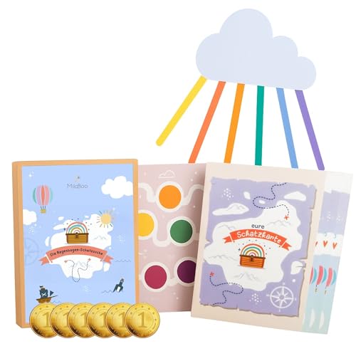 MilaBoo® Schatzsuche Regenbogen für Kinder ab 4 Jahren – Komplettset für drinnen & draußen – Schnitzeljagd Kindergeburtstag – Spiel für 4–8 Jahre mit Anleitung (mit 6 Glücksmünzen) von Milaboo