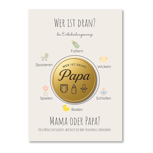 Milaboo® Entscheidungsmünze „Mama oder Papa“ – Goldene Münze (4,5 cm) mit Karte – lustiges Geschenk für frischgebackene Eltern, Baby Shower, Geburt & Familienalltag (Gold) von Milaboo