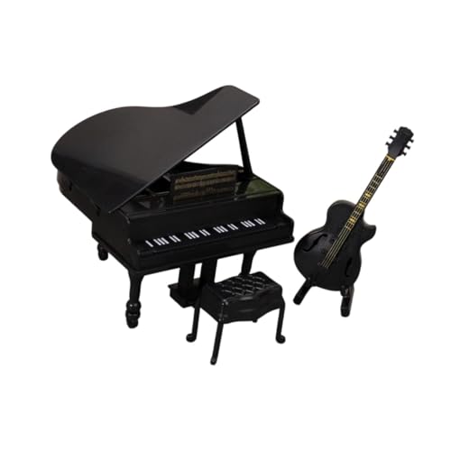 Milageto 1:12 Skala Dollhouse Mini Grand Piano Gitarre mit Stuhl Musikinstrument Dolls Haus Mini Möbel für Spielhaus Schlafzimmer, Schwarz von Milageto