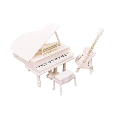 Milageto 1:12 Skala Dollhouse Mini Grand Piano Gitarre mit Stuhl Musikinstrument Dolls Haus Mini Möbel für Spielhaus Schlafzimmer, Weiß von Milageto