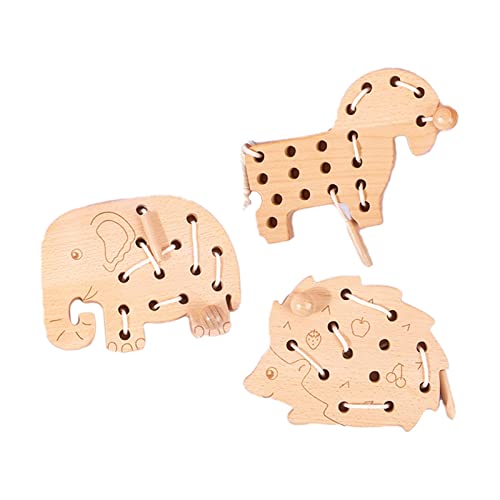 Milageto 3 Stück Holzschnürung Fädelspielzeug Kindergarten Holzspitze Blockpuzzle für Babys, Tier von Milageto