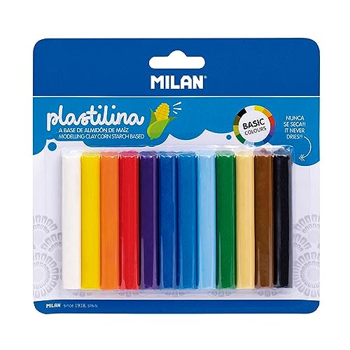 MILAN 914712 12 Riegel Knete (140g), Blau, Grün, Orange, Violett, Weiß von Milan