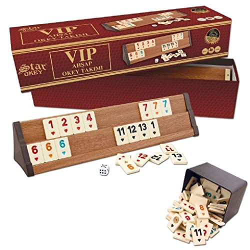 Rummy Okey Spiel Set Premium Set „VIP Wooden“ Edition mit Kunststoffsteinen Okay Takimi Türkisch aus hochwertigem Holz (Holz) von Milanino