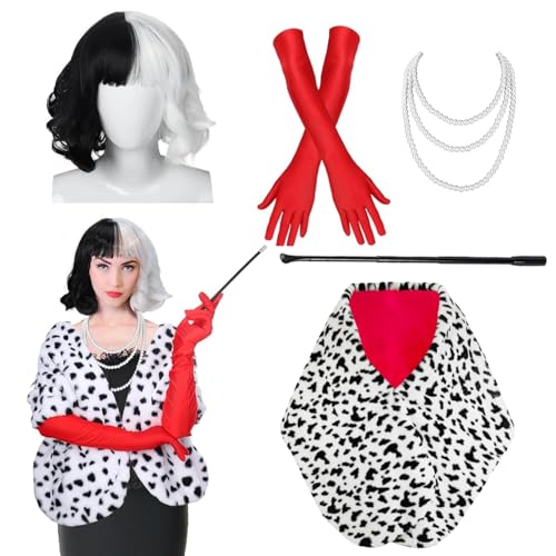 6pcs Cruella Devil Kostüm Damen Set - Cruella Kostüm Damen Schwarze Weiße Cruella Perücke Halskette Rote Handschuhe C-Halter Perücke Kappe Perfekt für Fasching Karneval Kostüm Halloween DE098BW 6pcs Cruella Devil Kostüm Damen Set - Cruella Kostüm Damen Schwarze Weiße Cruella Perücke Halskette Rote Handschuhe C-Halter Perücke Kappe Perfekt für Fasching Karneval Kostüm Halloween DE098BW von Mildiso