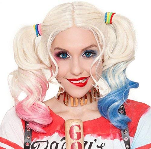 Perücke für Harley Quinn Mädchen Kinder Selbstmord Squad Rosa und Blau Mit Zwei Pferdeschwänzen für Frauen Damen Mädchen Kostümparty Karneval Cosplay Perücken 061A von Mildiso