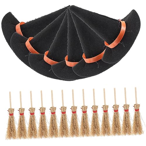 Milisten 12 Stück Miniatur Hexenhüte und Besen Set Teiliges Halloween Deko Set für Puppenhaus und Partygestaltung für DIY Projekte und Kostümpartys von Milisten