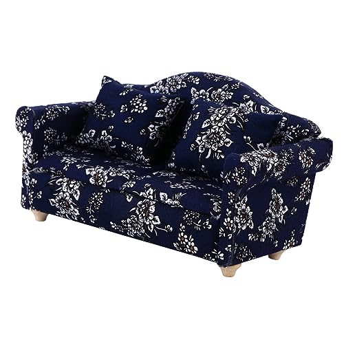 Milisten 2 Stück Miniatur Puppenhaus Sofa mit Kissen Blaues Blumenmuster für Perfektes Zubehör für DIY Puppenhausdekoration von Milisten
