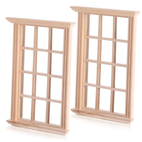 Milisten 2 Stück Puppenhaus Fenster Miniatur Klein Möbel Häuser Realistisch Zubehör Rahmen Winzig Birke Beige von Milisten